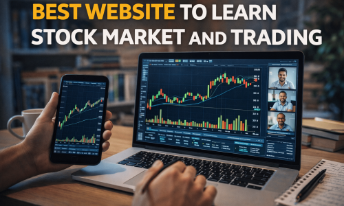 Best website to learn stock market showing a learner studying stocks and trading on a laptop with educational charts and online learning resources.