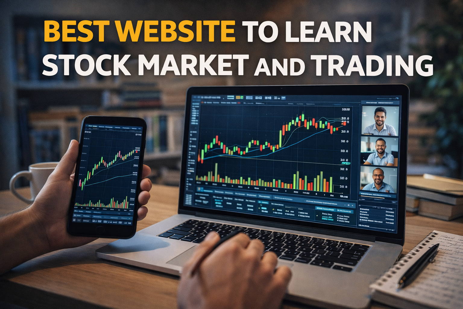 Best website to learn stock market showing a learner studying stocks and trading on a laptop with educational charts and online learning resources.