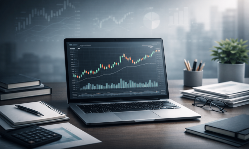 Day trading courses showing a laptop with intraday candlestick charts and study materials for beginners learning day trading online