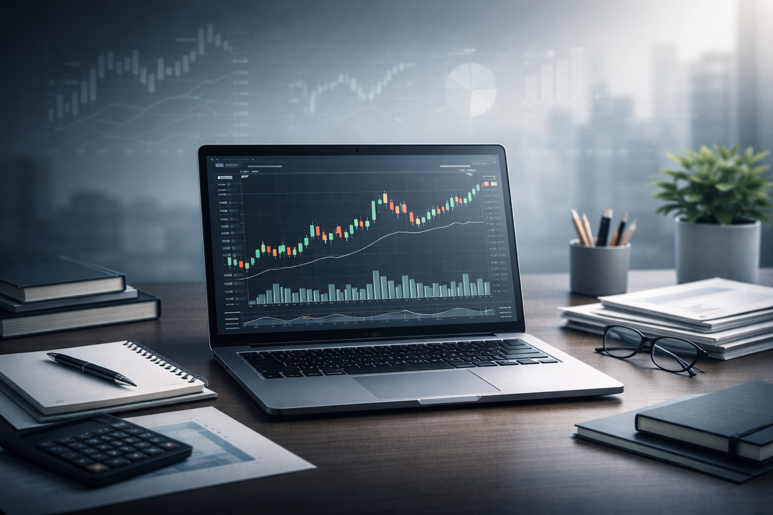 Day trading courses showing a laptop with intraday candlestick charts and study materials for beginners learning day trading online