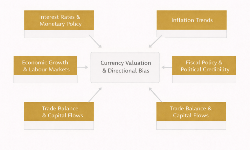 Forex fundamental analysis diagram showing interest rates, inflation, economic growth, trade balance, and fiscal policy driving currency valuation
