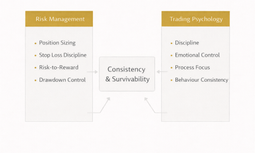 Forex risk management and trading psychology diagram showing position sizing, stop loss discipline, drawdown control, and psychological discipline feeding into trading consistency