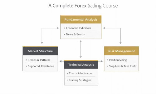 Forex trading course framework showing market structure, fundamental analysis, technical analysis, and risk management in a professional trading workflow