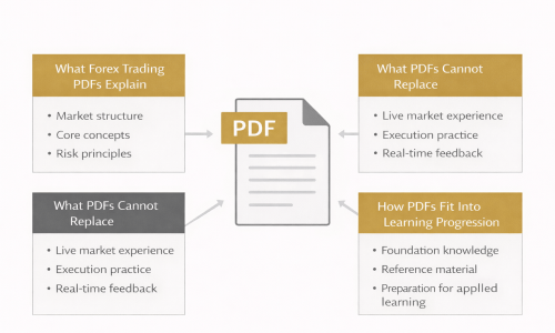 Forex trading course PDF diagram showing what downloadable forex courses teach, what PDFs cannot replace, and how PDF learning fits into a structured trading education