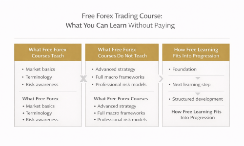 Free forex trading course diagram showing what free forex courses teach, what they do not teach, and how free forex education fits into the learning progression