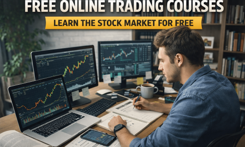 Free online trading courses illustration showing a beginner learning the stock market on a laptop with real stock charts and study materials.