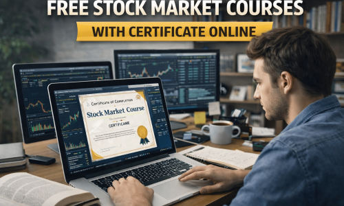Free stock market courses with certificate showing an online learner completing a stock trading course and receiving a digital certificate.