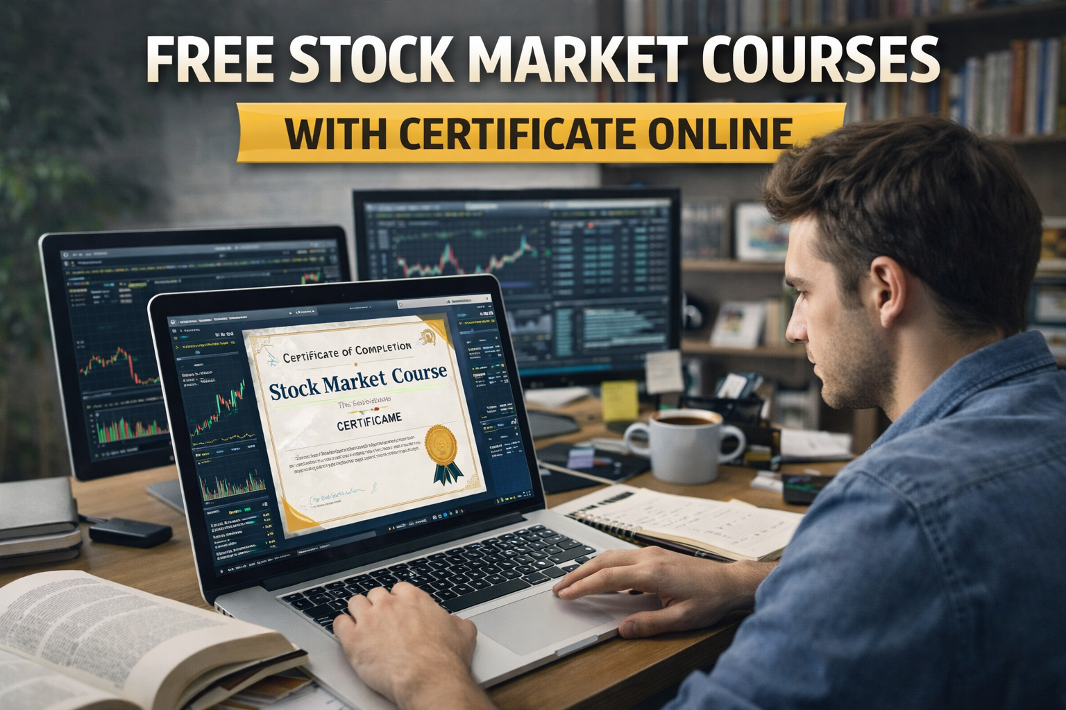 Free stock market courses with certificate showing an online learner completing a stock trading course and receiving a digital certificate.