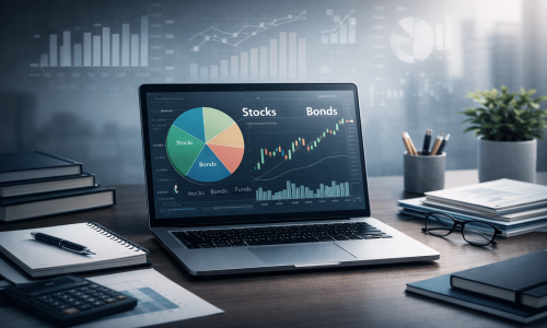 Investment courses for beginners showing a laptop with investment charts, financial planning visuals, and study materials for learning how to invest