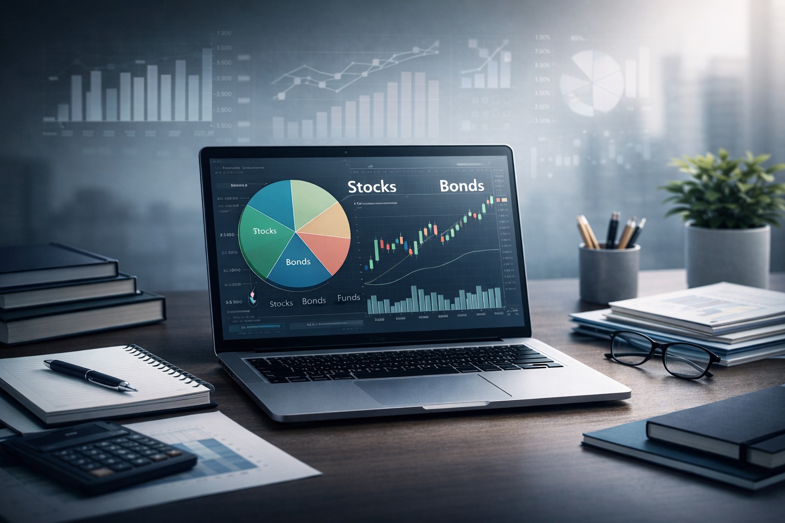 Investment courses for beginners showing a laptop with investment charts, financial planning visuals, and study materials for learning how to invest