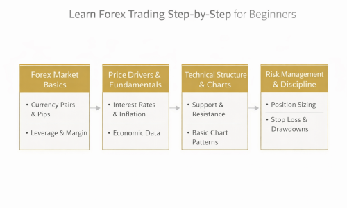 Learn forex trading step by step diagram showing market basics, price drivers, technical structure, and risk management for beginners
