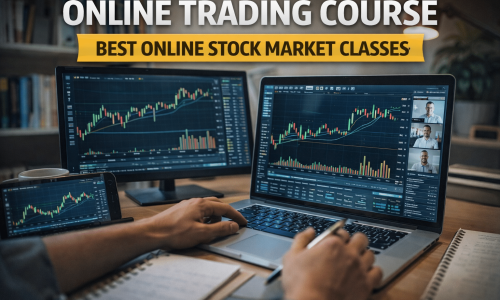 Online trading course showing a learner studying stock market charts on multiple screens during an online stock market class.