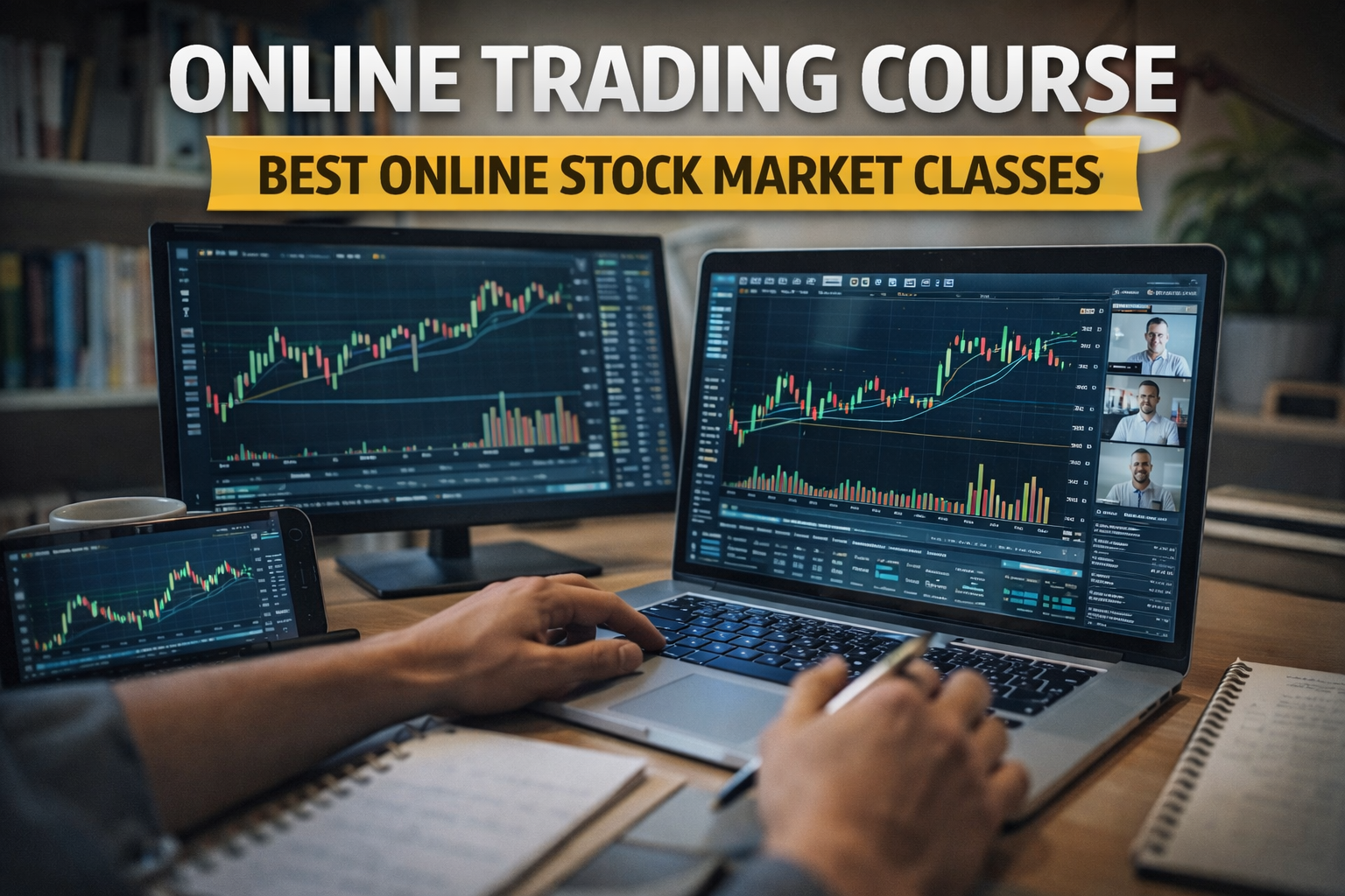 Online trading course showing a learner studying stock market charts on multiple screens during an online stock market class.