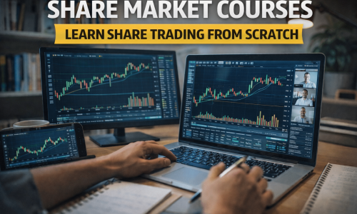 Share market courses showing a beginner learning share trading with live stock charts, online classes, and technical analysis on multiple screens.