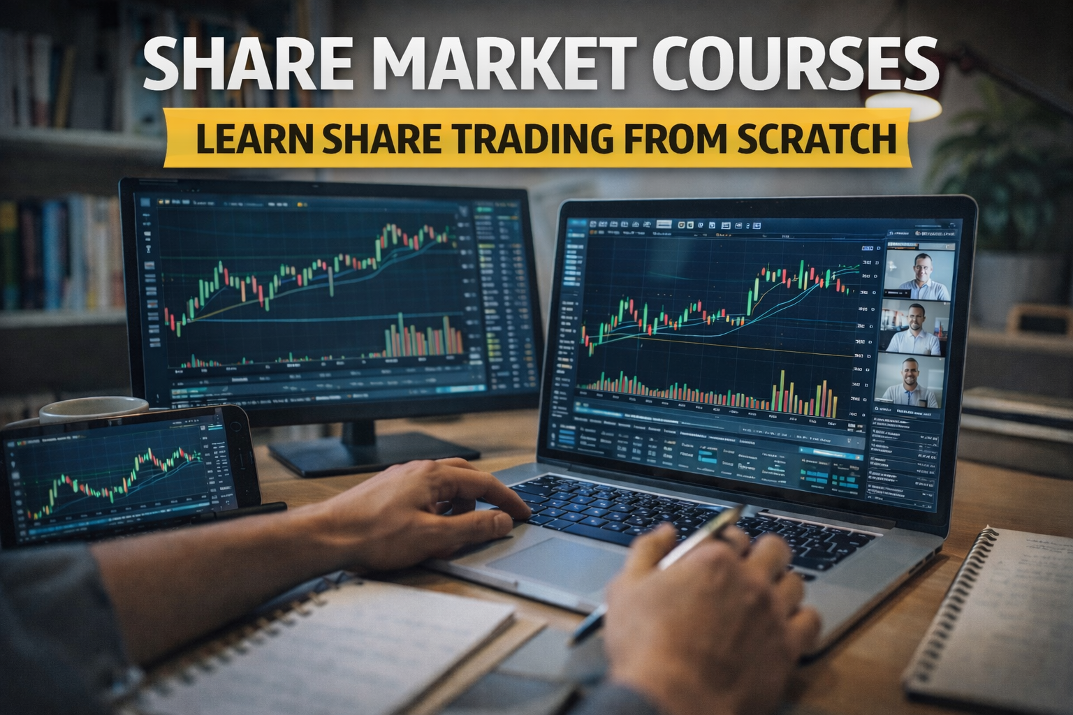 Share market courses showing a beginner learning share trading with live stock charts, online classes, and technical analysis on multiple screens.