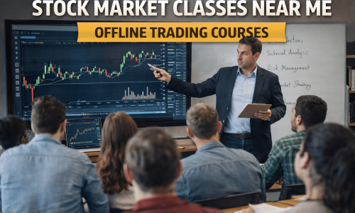 Stock market classes near me showing an offline trading course with an instructor teaching stock market charts to students in a classroom.