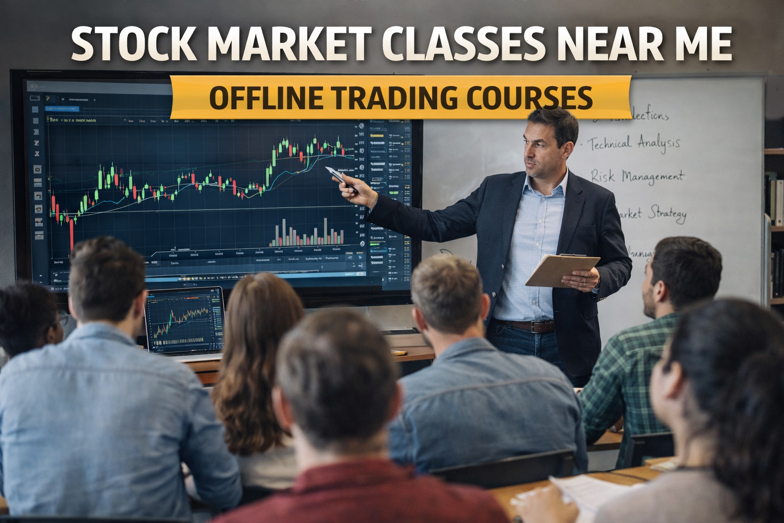 Stock market classes near me showing an offline trading course with an instructor teaching stock market charts to students in a classroom.