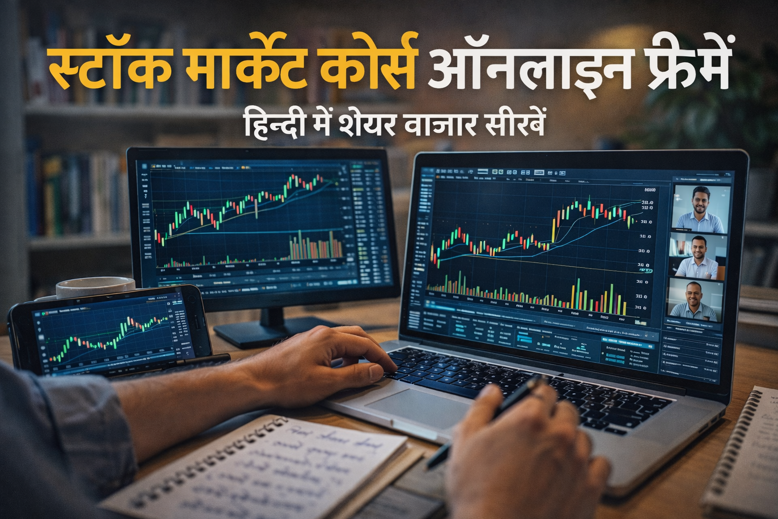 Stock market courses online free in Hindi showing a learner studying stock charts on a laptop with Hindi notes and online trading classes.