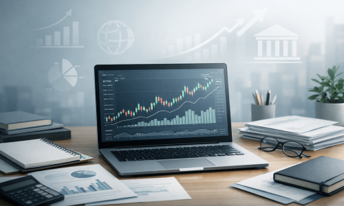 Stock market courses online showing a laptop with stock charts, financial data, and study materials for beginners learning stock market trading