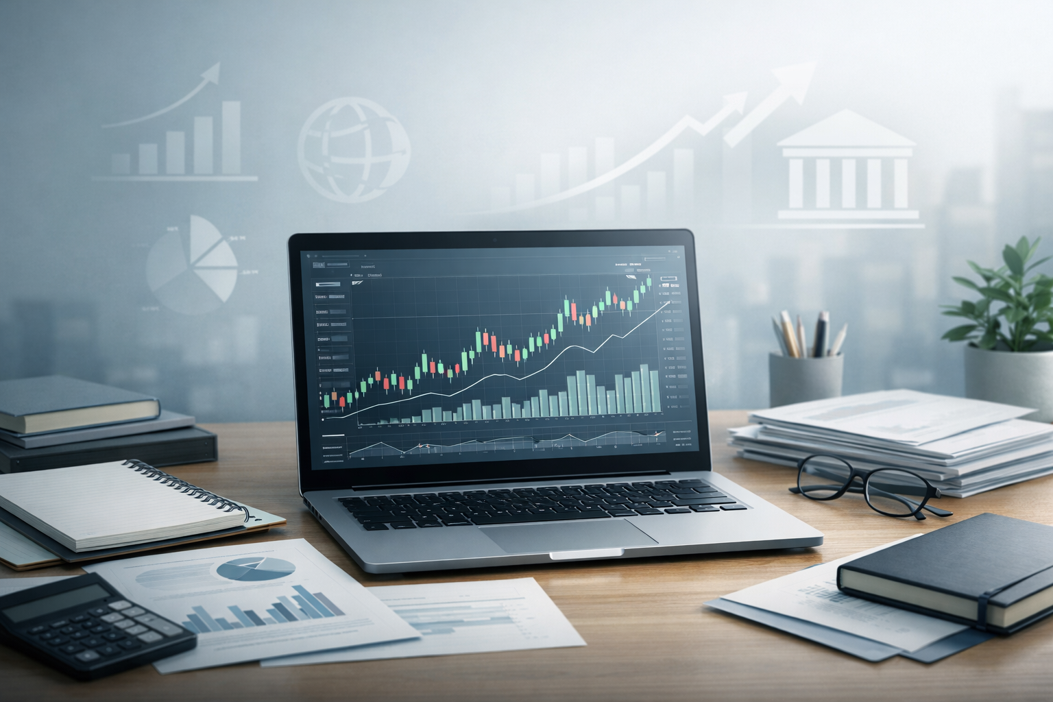 Stock market courses online showing a laptop with stock charts, financial data, and study materials for beginners learning stock market trading