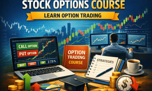 Stock options course illustration showing online option trading, calls and puts, trading strategies, and professional market analysis screens.