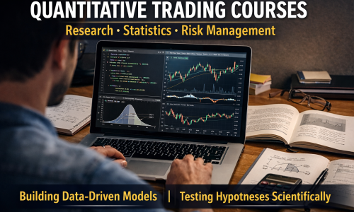 Person studying a quantitative trading course with statistical charts, data tables, and a laptop on a desk