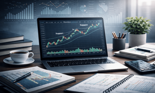 Technical analysis trading course showing price charts, candlestick patterns, and market structure used for stock market chart analysis