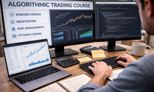 Student studying algorithmic trading concepts on a laptop with charts and code on screen