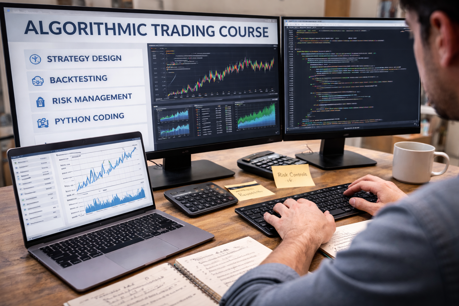 Student studying algorithmic trading concepts on a laptop with charts and code on screen