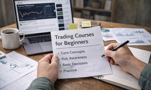 Beginner studying trading fundamentals at a desk with a laptop, notebook, and basic learning materials