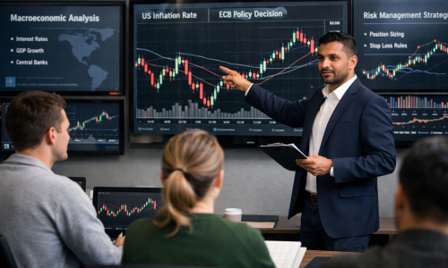 Professional trading instructor teaching institutional trading concepts using macroeconomic analysis, technical charts, and risk management frameworks in a structured classroom environment.