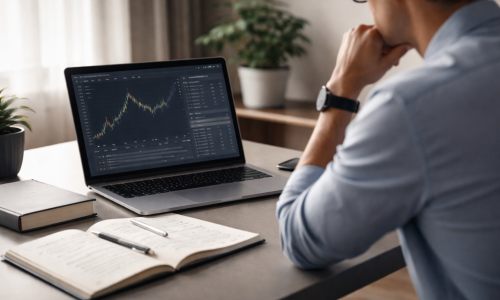 Professional trader studying structured trading education with risk management notes and market analysis on a laptop
