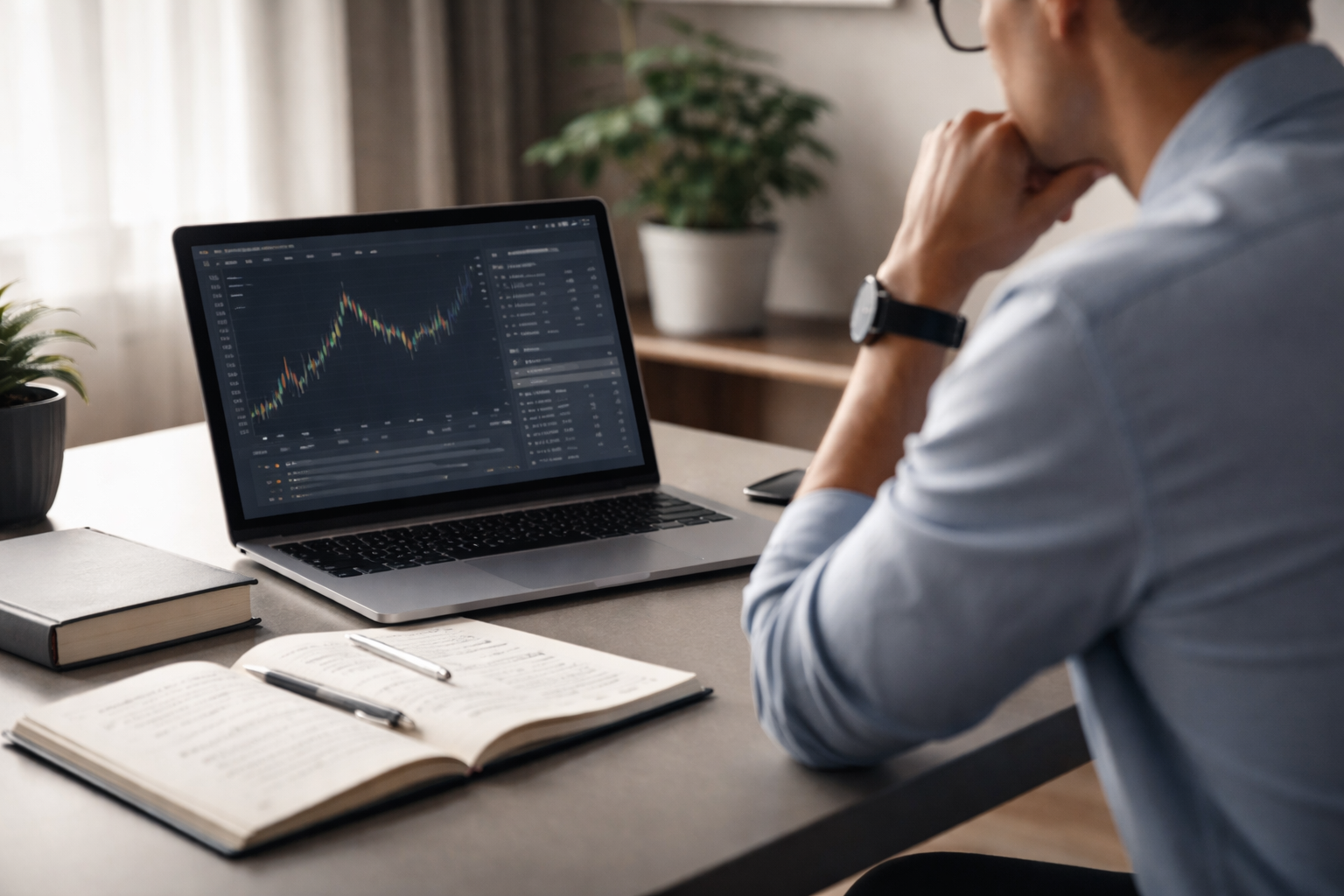 Professional trader studying structured trading education with risk management notes and market analysis on a laptop