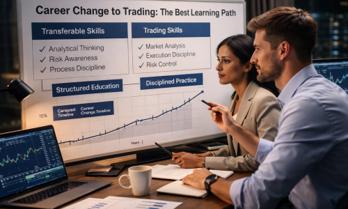 Professional in mid-career studying trading education materials and market analysis at home, representing a structured career transition into professional trading.