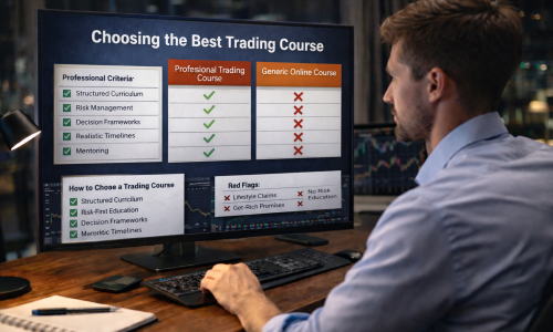 Serious trader reviewing multiple trading education options on a laptop with notes and comparison criteria, representing a professional approach to choosing the best trading course.