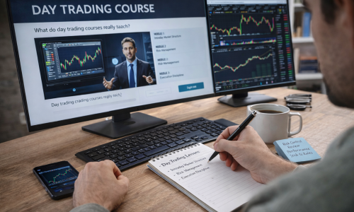 Person studying a day trading course with intraday charts on a laptop and handwritten notes at a desk