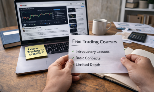 Person studying free trading course material at a home desk using a laptop and written notes