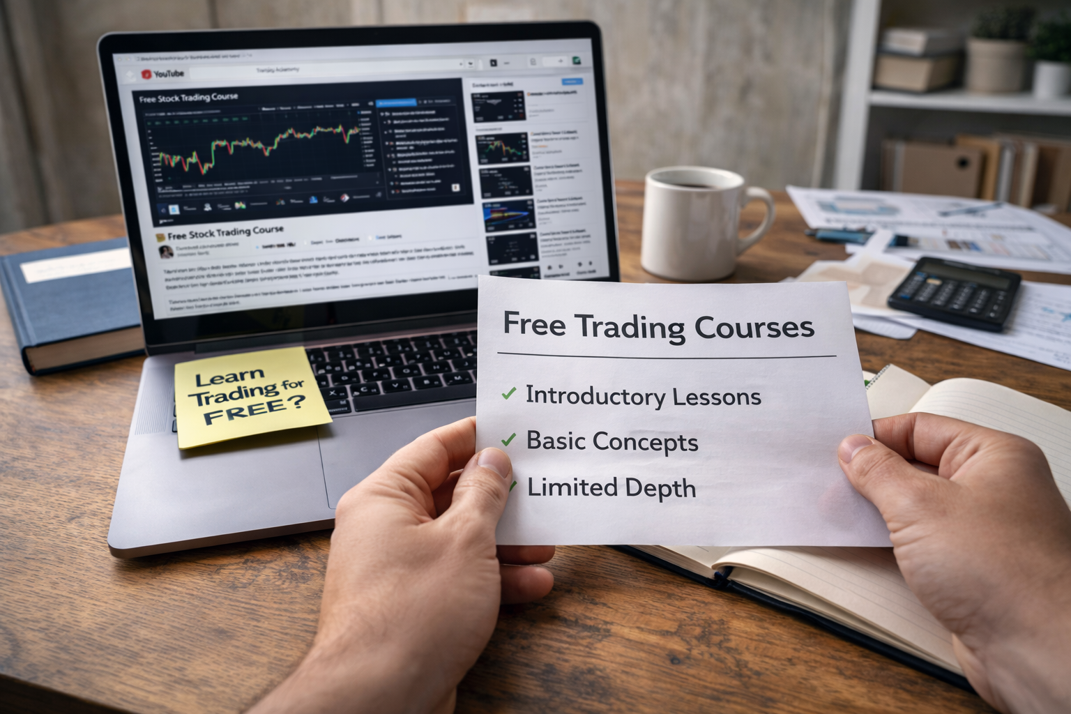Person studying free trading course material at a home desk using a laptop and written notes