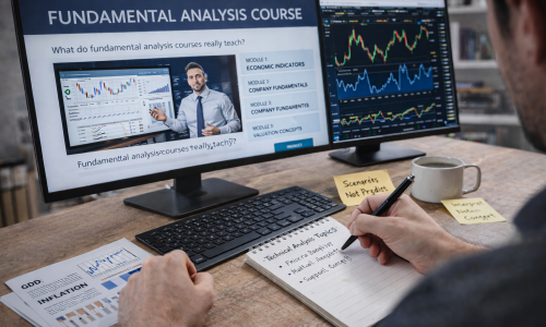 Person studying a fundamental analysis course at a desk with economic data, financial statements, and a laptop