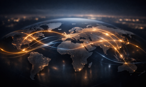 Global forex market showing currency exchange flows across major world regions in a professional financial environment