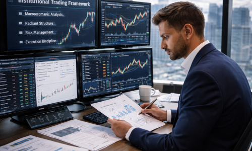 Institutional trader analysing macroeconomic data, market structure, and risk management frameworks across multiple screens in a professional trading desk environment.