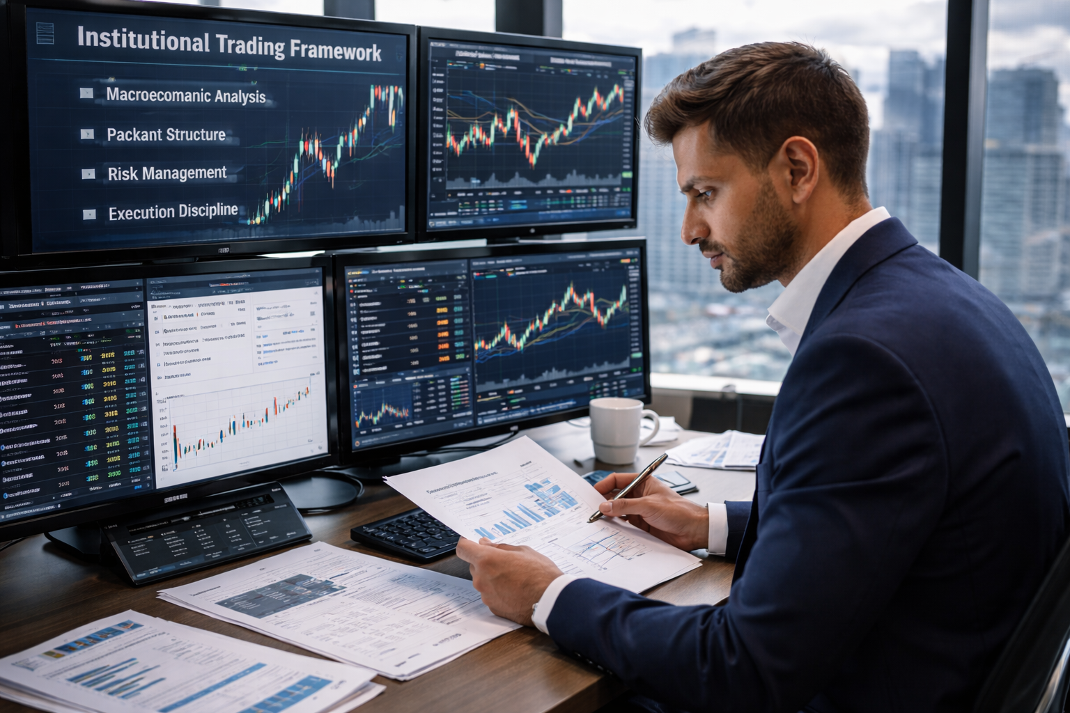 Institutional trader analysing macroeconomic data, market structure, and risk management frameworks across multiple screens in a professional trading desk environment.