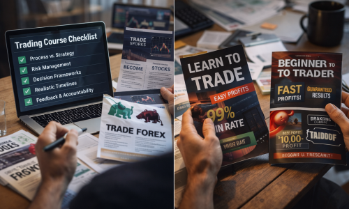 Trader carefully evaluating a trading course on a laptop with notes and comparison criteria, illustrating how to assess whether a trading course is worth paying for.