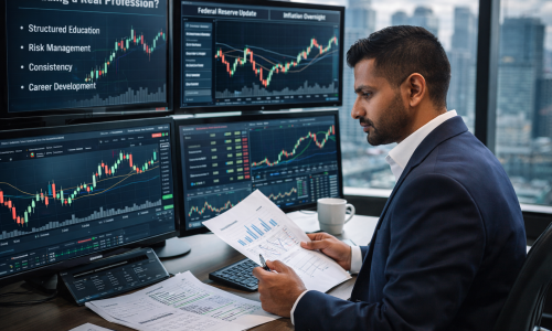 Professional trader analysing financial markets in a structured office environment, reviewing macroeconomic data, charts, and risk management frameworks as part of a disciplined trading career.
