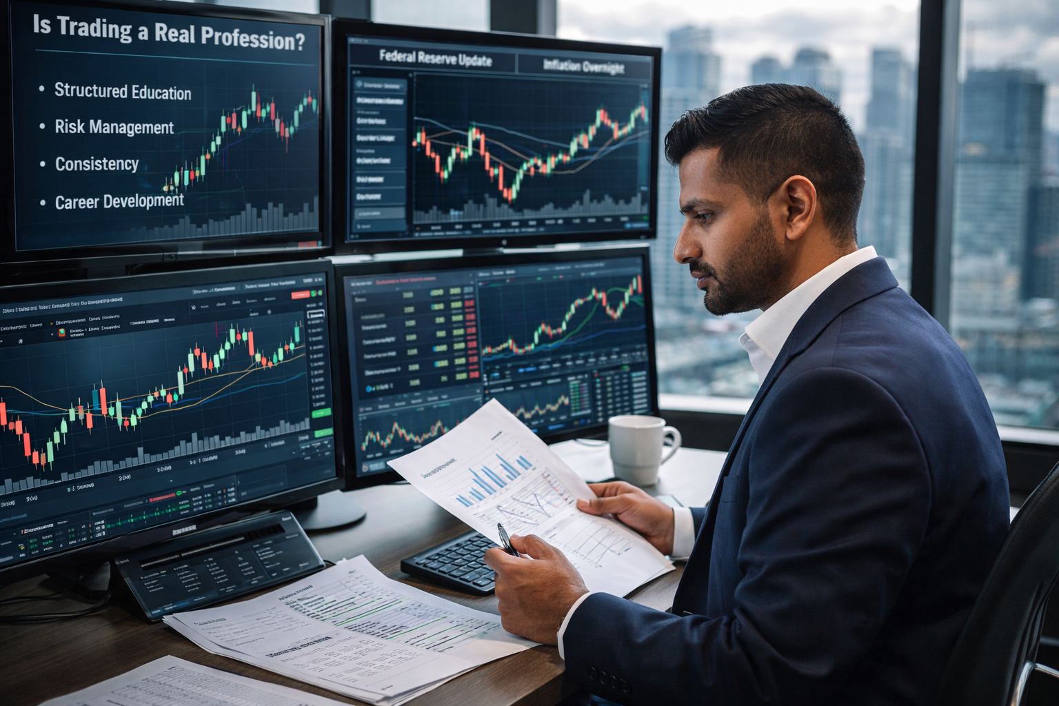 Professional trader analysing financial markets in a structured office environment, reviewing macroeconomic data, charts, and risk management frameworks as part of a disciplined trading career.