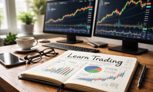 Beginner learning trading at a desk with a notebook, financial charts on dual monitors, and a realistic home office workspace