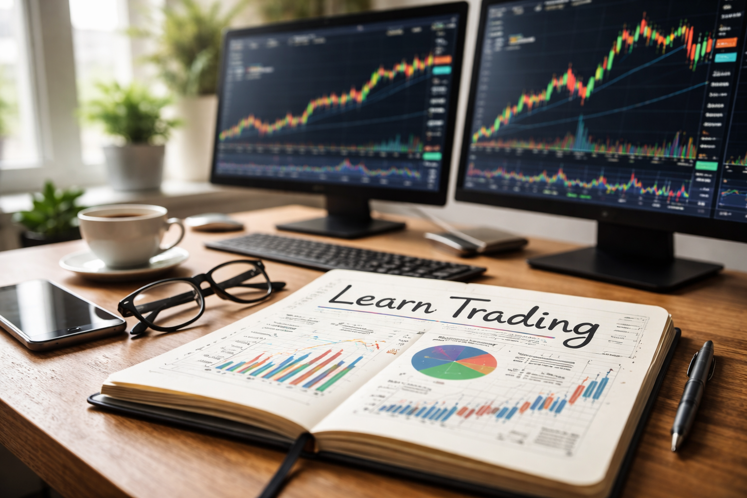 Beginner learning trading at a desk with a notebook, financial charts on dual monitors, and a realistic home office workspace