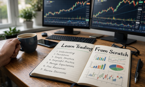 Beginner learning trading from scratch at a home desk with written notes, a laptop showing market data, and a focused study environment