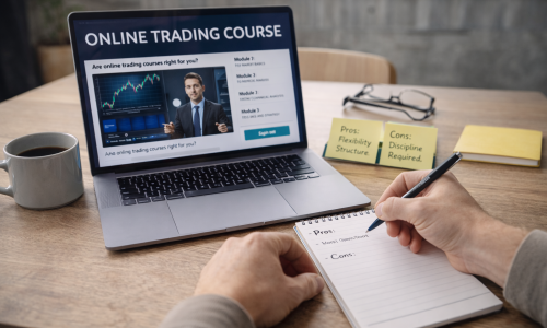 Person studying an online trading course at a home desk with a laptop, notebook, and structured learning materials