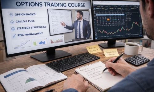 Person studying an options trading course at a desk with probability charts, option payoff diagrams, and a laptop